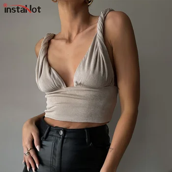 InstaHot Gol Afară Falduri Solidă Cultură V-Neck Top Sexy Streetwear Vintage Casual Femei Rezervor de Vară 2021 Elegant Feminin Y2K Sus