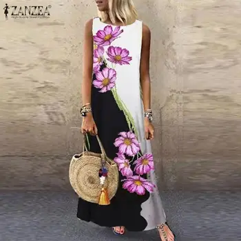 ZANZEA Casual Doamnelor fără Mâneci Rezervor Vestidos Elegant Imprimate Rochie Maxi Femei Sundress Vară 2021 Feminin Floral Halat