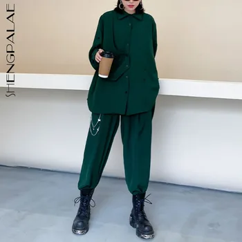 SHENGPALAE Mozaic Butonul Vrac Bluza cu Maneci Lungi Si Talie Mare Lanț de Metal Direct Pantaloni Largi Picior 2 BUC Seturi Pentru Femei