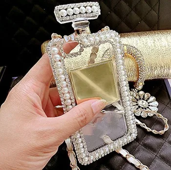 XSMYiss Bling Meci de Diamant Perla de Sticla de Parfum Lanț în Formă de Geantă de mână de Caz Acoperire Pentru iPhone 11 Pro Max XR 6 7 8 Telefon Plus Caz