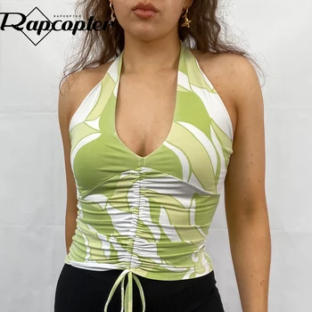 Rapcopter Shirring y2k Crop Top cu Print Floral Topuri Căpăstru fara Spate V-Gât Corset Sexy Femei de Vara Vintage Beach Camis Vesta Parte
