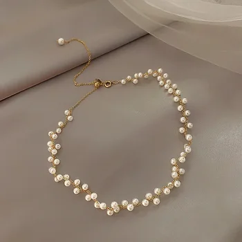 Femei pe Scurt Clavicula Lanț Moda Colier de Cristal Artificial Imitație Perla Cravată