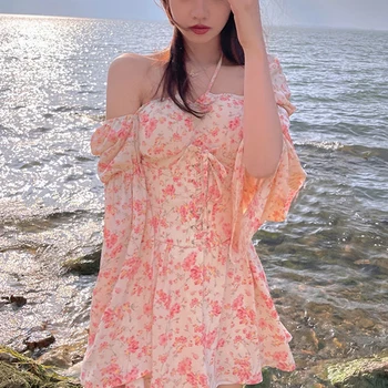 Design Floral Elegant Femei Rochie Casual Șifon Vintage Rochie Mini Y2k Feminin Petrecere Pe Plaja-O Singură Bucată Rochie Coreeană De Vară 2021