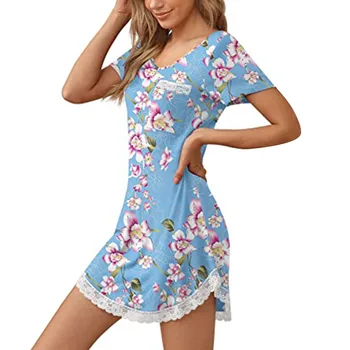 2021 Moda Camasa femeii Sleepwear Rochie de Noapte Sexy Somn Cămașă Rochie V-Neck Short Sleeve Lace Trim cămașă de Noapte pijama mujer