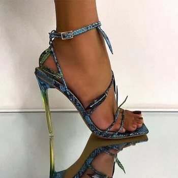 Femei Sexy Sandale cu Tocuri Înalte din piele de Sarpe Doamnelor Pantofi de Moda de Vară Pompe de Curea Cataramă PU Deget de la picior Pătrat Femeie Stiletto Plus Dimensiune