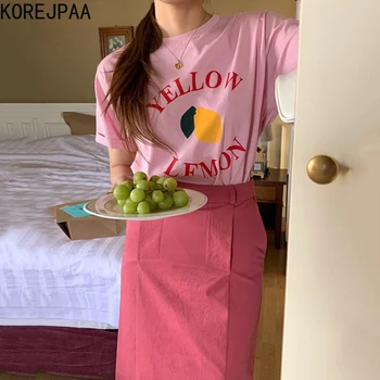 Korejpaa Femei Seturi De Vară 2021 Coreean Chic Vârstă-Reducerea Lamaie Scrisoarea Imprimate Cu Mânecă Scurtă T-Shirt De Mare Waisted Fusta Dreaptă