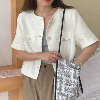 Femei Jachete De Vară 2021 Coreean Chic Temperament Rotund Gat Culoare Solidă Single-Breasted Texturate Cu Mânecă Scurtă Haina