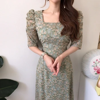 Chic Coreean Gât Pătrat De Imprimare Florale Rochie De Șifon Femei Puf Plisata Cu Maneci Din Dantela-Up Slim Vintage Vestido
