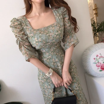 Chic Coreean Gât Pătrat De Imprimare Florale Rochie De Șifon Femei Puf Plisata Cu Maneci Din Dantela-Up Slim Vintage Vestido