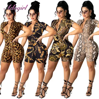 Sexy Leopard Snake Print Short Sleeve V Adânc Gât Salopeta Scurta Pentru Femei De Vară 2021 Tinuta Streetwear Petrecere De Club Salopete Rompers