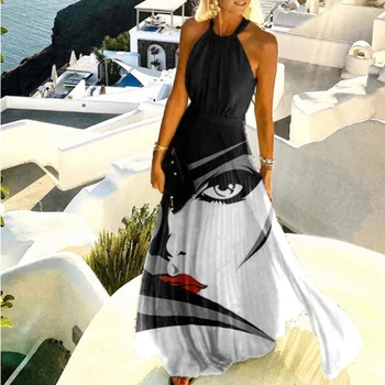 Vintage Model Imprimat Patchwork Rochie Lunga De Vara De Pe Umăr Halter Maxi Dress Femei De Primăvară Fără Mâneci Elegant Rochii De Plajă