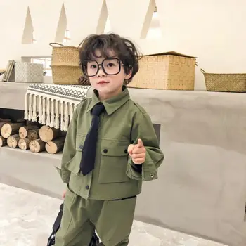 Coreeană Solid Băieți și Fete Set Guler de Turn-down Coat + Pantaloni 2 Bucati 0-7 Ani Haine pentru Copii de Primavara Toamna pentru Copii Seturi
