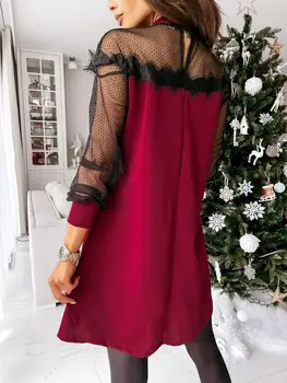 2021 moda de primăvară fierbinte de vânzare femei culoare solidă gât rotund dantelă sexy cu mânecă lungă stradă dreaptă a-line rochie de femei #9327