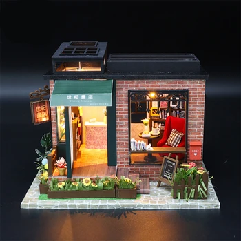 DIY din Lemn Magazin de Carte Mobilier casă de Păpuși Kit Cu Lumina de Gradina, Accesorii Casa Papusa Casa Jucării pentru Adulți Cadouri