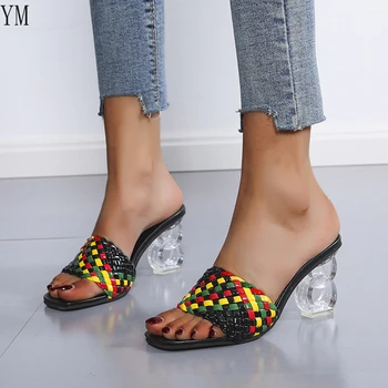 Femei Sandale Țese Doamnelor Sandale cu Toc Înalt Degetele de la picioare Deschise Ciudat Toc Aluneca pe Moda de sex Feminin Diapozitive Pantofi de Vara Gladiator Casual