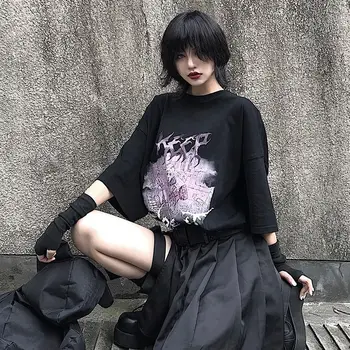 Negru Hip Hop Tricou Streetwear Fummer Supradimensionate Poarte Tricou Femei Harajuku Mâneci Scurte Topuri Tricou Hip Hop Gotic Diavolul Tricou