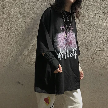 Negru Hip Hop Tricou Streetwear Fummer Supradimensionate Poarte Tricou Femei Harajuku Mâneci Scurte Topuri Tricou Hip Hop Gotic Diavolul Tricou