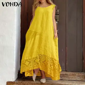 Vara Asimetrice Sundress Boem Femei Casual Culoare Solidă Rochie 2021 VONDA Dantela Vintage Mozaic Vestidos Halat