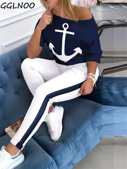 GGLNOO Barca Anchor Print Plus Dimensiune 2 Bucata Set Top Si Pantaloni Femme Elastic Talie Pantaloni Lungi Set de Două Piese Set Trening GG231413
