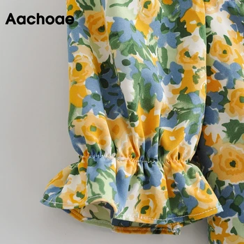 Aachoae Boem Imprimeu Floral De Vara Decupate Bluze Femei Papion Volane Chic Topuri Pătrat Guler Maneca Scurta Beach Culturilor Sus