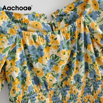 Aachoae Boem Imprimeu Floral De Vara Decupate Bluze Femei Papion Volane Chic Topuri Pătrat Guler Maneca Scurta Beach Culturilor Sus