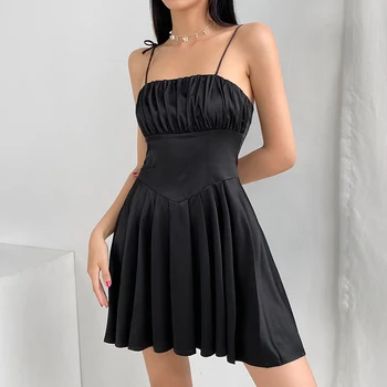 2021 Casual, Rochii mini Petrecere de stradă din satin Negru căpăstru Sexy Sling strâns fără mâneci rochie de Vara pentru femei costume de baie y2k slim