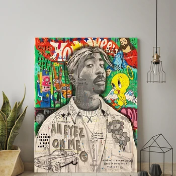 Graffiti Arta Pop Cântăreață Tupac Hip Hop Portret Poster Rapper Pictura Panza De Imprimare Poza Perete Pentru Camera De Zi Decor Acasă