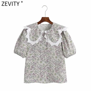 Zevity Femei Dulce Dantela Mozaic Rândul său, în Jos Guler Floral Print Shirt de sex Feminin Puff Maneca Bluza Roupas Chic Combinezon Topuri LS9375