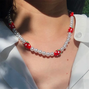 HUANZHI 2021 NOI Fructe Căpșuni Roșu Colier de Perle Clavicula Lanț Vintage pentru Femei Fata Vacanță de Vară de Călătorie Bijuterii