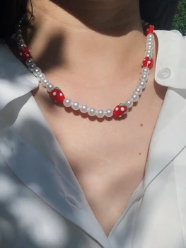 HUANZHI 2021 NOI Fructe Căpșuni Roșu Colier de Perle Clavicula Lanț Vintage pentru Femei Fata Vacanță de Vară de Călătorie Bijuterii
