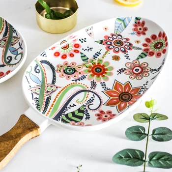 Nordic Farfurie Vas Ceramic Friptură cu Salată Tava cu Maner din Lemn de Mâncare de Crăciun Plăci de Decor Acasă Oval Feluri de mâncare