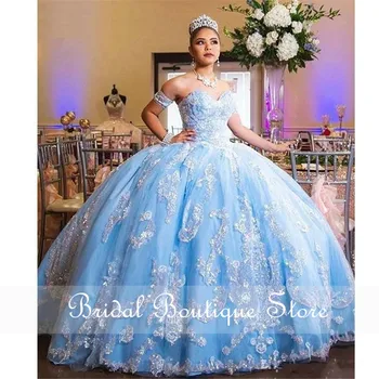 Uimitoare Bahama Blue Dulce 16 Quinceanera Rochii Paiete Dantelă Aplicatiile Dragă Demontabil Maneci Scurte vestido de 15 anos