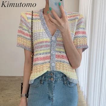 Kimutomo Casual Contrast Cardigane Tricotate Coreea Chic de Vară Blând Femei V-neck Singur Pieptul Short Sleeve Stripe Top Elegant