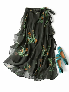 SuyaDream Moda Wrap Fusta Mătase Naturală Femeie 2021 Primavara-Vara Stil Plajă Print Floral Negru Fusta