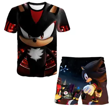 2021 costum de Haine Set Baieti Set Haine de Vară pentru Copii Pantaloni Copii Sonic Tricou Desene animate pantaloni Scurți Băiat Tinuta Sport Costum 4-14 Ani
