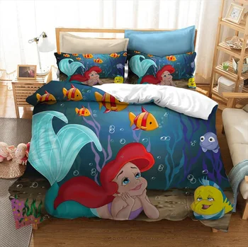 Little Mermaid Printesa Tipărite Seturi de lenjerie de Pat pentru Copii Dormitor Fete de Decor Poliester Carpetă Acopere Set