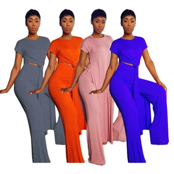 Casual Culoare Solidă Plus Dimensiune Două Bucăți de Femei de Moda Set Doamna buna-gat Maneci Scurte Topuri Largi de Înaltă Talie Pantaloni Largi de Tinute