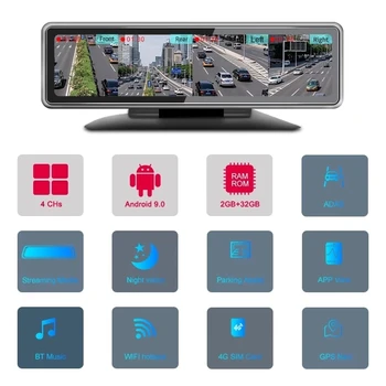 Dash Cam 4G Android 9.0 360° 4 Camere de 12 Inch de Conducere Auto Înregistratoare Video WIFI GPS HD 1080P Oglinda retrovizoare Dashbord DVR Auto