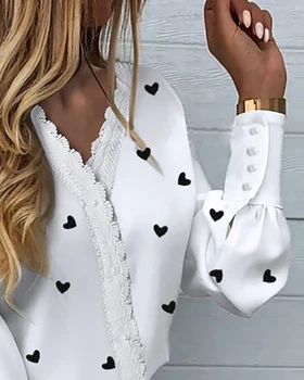 2021 Primavara-Vara Doamnelor Elegante, Uzura De Muncă V Gât Inima De Imprimare Purfle Lantern Maneca Tricou Casual Femei Topuri Cu Maneci Lungi Bluza