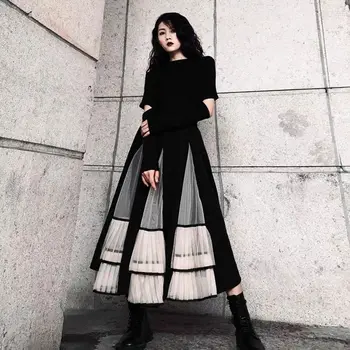 Primăvara Femei Fusta a-line mozaic ochiurilor de plasă plisată fuste Vintage stil coreean de sex feminin Negru fusta Lunga faldas largas mujer 2021
