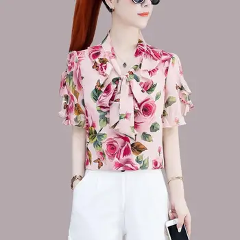 Birou Roz Zburli Topuri de Pe Umăr Sexy Floare de Imprimare Bluza Femei de Vară Șifon Cămașă de Moda Lady Scurt-maneca Blusas Mujer