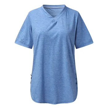 Femei T Shirt cu Maneci Scurte Topuri Bluze V-Neck Culoare Solidă Tricou Albastru Buton Tunici Casual Pierde Tricou de sex Feminin coreeană Topuri