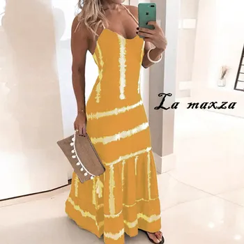 Plus Dimensiune Moda Sexy Femei Maxi Rochie de Vară 2020 cu Dungi V-gât adânc fara Spate Curele de Spaghete Rochie