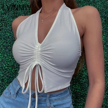 LVINMW Low Cut Sexy Slim Shirring Cordon Topuri V Gâtului fără Mâneci Dantelă-Up Split Crop Top pentru Femei Backless Casual de zi cu Zi de Îmbrăcăminte