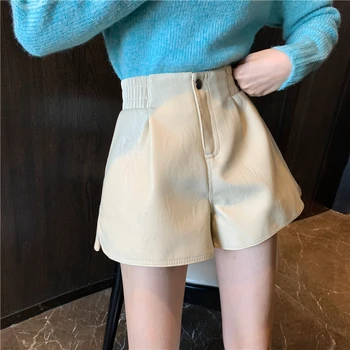 De înaltă Calitate Faux din Piele pantaloni Scurți Femei Spring Boot Largi Picior Eladtic Talie Înaltă Coreea de Fete PU Pantaloni scurți de Vară 2021 Nud Plus