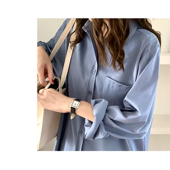 Toamna Femei Vintage Tricou Alb Solid, Cu Buzunare Maneca Lunga Stil Coreean Casual Bluza Șifon Primăvară Birou Doamnă De Bază Topuri
