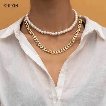 SHIXIN 2 Buc Imitație Alb Margele Perla Cravată Colier pentru Femei cu Straturi Groase de Link-ul Lanț Colier pe Gât Moda Bijuterii