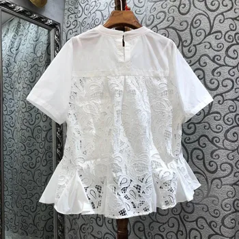 VGH Mozaic Alb Dantelă T Shirt Pentru Femei O Gatului Maneci Scurte Neregulate Tiv Camasi Casual sex Feminin 2021 Vară de Moda de Îmbrăcăminte