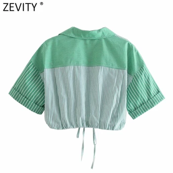 Zevity Femei de Moda Mozaic, cu Dungi de Imprimare Scurt Halat Bluza Office Lady Tiv Elastic Arcul Tricouri Chic Blusas Topuri de Cultură LS9209