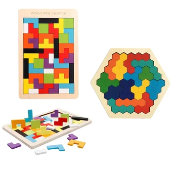 Lemn Hexagon Puzzle pentru copii Adulți Forma Model Bloc Tangram Teaser Creier Jucărie Joc de Geometrie Montessori Învățământ Cadou Jucarii
